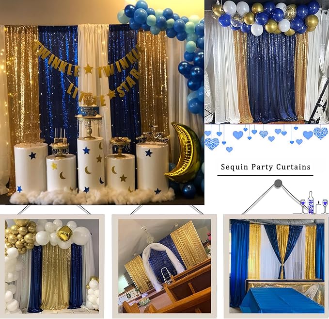 Sequin Backdrop Curtain 4 Panels 2FTx8FT Glitter Background Drapes Gold and Navy Blue Sparkle Photography Backdrop for Party Wedding Birthday Wall Decoration