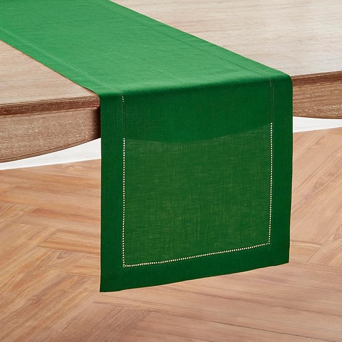 Solino Home Linen Table Runner 60 Inches - 100% Pure Linen Garden Green Hemstitch Table Runner 14 x 60 Inch Ideal for Dresser and Coffee Tables - Classic Hemstitch - Christmas