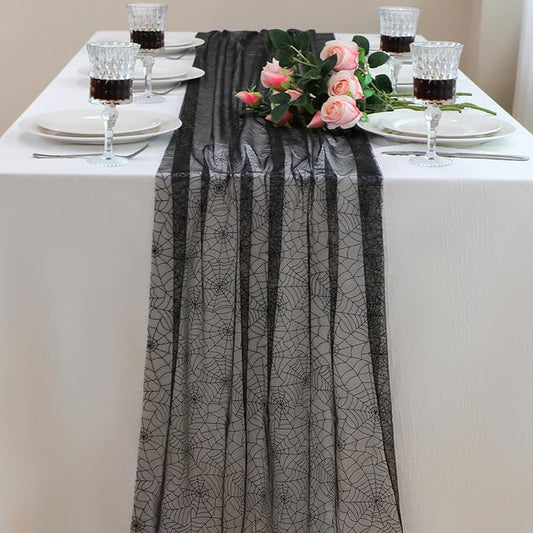 Snowkingdom Halloween Table Runner, 10 FT Black Spider Web Runners Metallic Sequin Sheer Chiffon Gauze Cheesecloth, Black Party Decorations for Halloween Kitchen Dinner Table Birthday Home Indoor