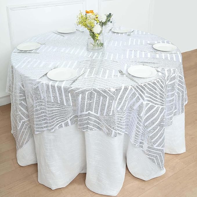 Efavormart 72" Silver Sparkly Sequin Geometric Tulle Square Table Overlay