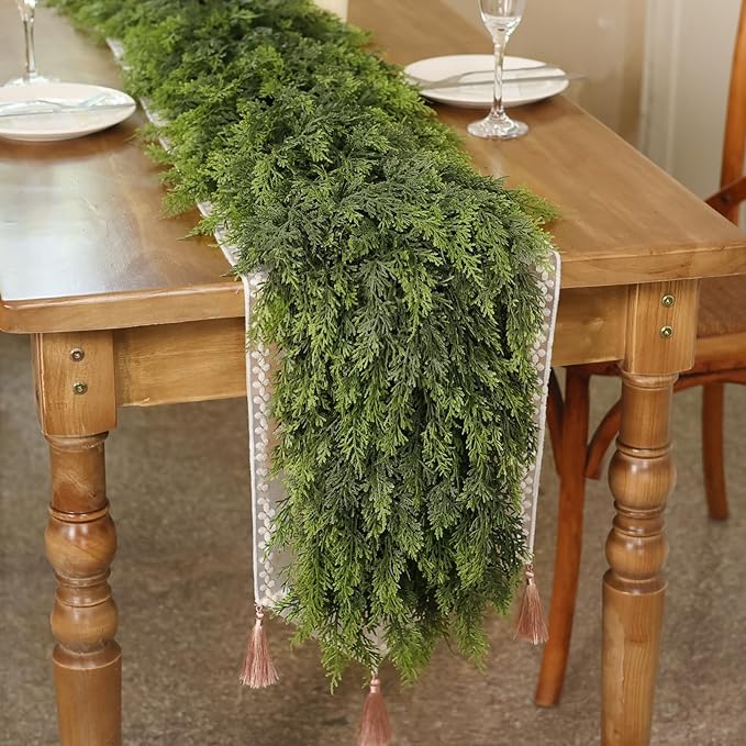 9FT Real Touch Cedar Garland - Artificial Christmas Garland Fake Green Faux Thick and Lush Pine Needles Garlands for Table Fireplace Mantle Holiday Home Indoor Outdoor Decor (1PCS)
