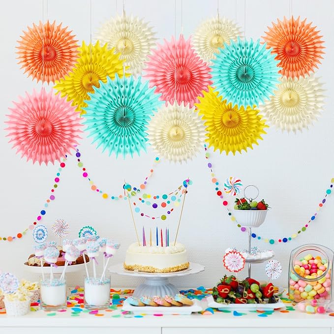 12PCS Paper Fans Colorful Rainbow Pastel Party Decorations Tissue Paper Flowers Decorations for Girl Groovy Birthday Baby Shower Wedding Bachelorette Room Wall Hanging Décor