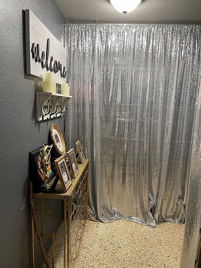 Silver Sequin Backdrop Curtains 1 Panel 8FTx8FT Wedding Photo Backdrop Drapes Glitter Birthday Bridal Party Curtains Sparkle Background Party Decor Curtains