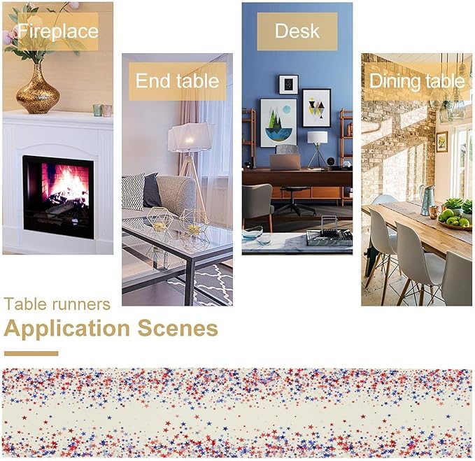 Independence Day Table Runner, 4th of July Red Blue Stars American President Day Holiday Confetti Print Table Cover for Kitchen Dining Table Indoor Outdoor Party, 13x36inch