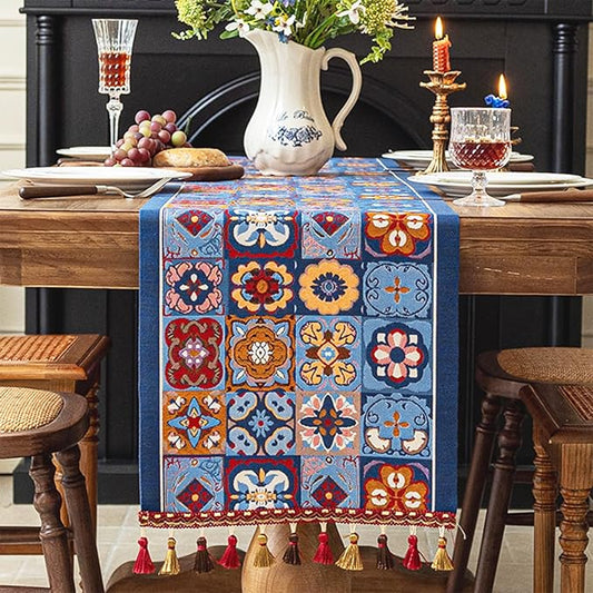 13×72 Inch Table Runner, Retro-Luxury Tassels Series for Kitchen Dining Table Holiday Decoration (Ethnic Blue)