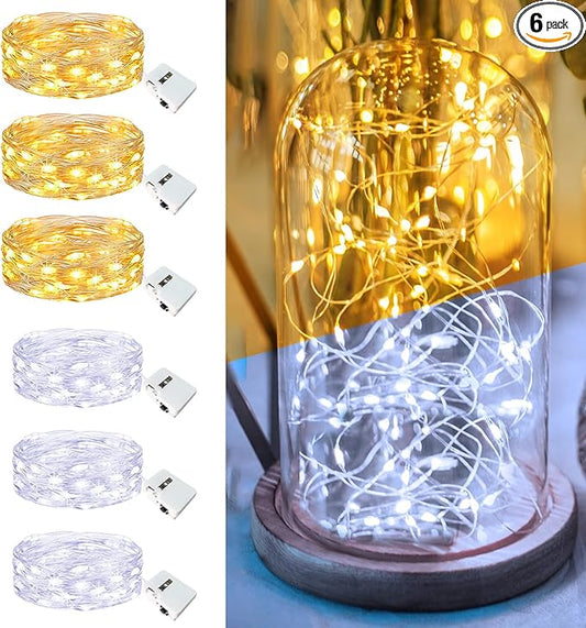 6 Pack Fairy Lights Battery Operated - 7ft 20 Led Twinkle Lights 3 Modes, Bulk Mini String Lights Waterproof for Mason Jars Vases DIY Party Wedding-Warm White & Cold White