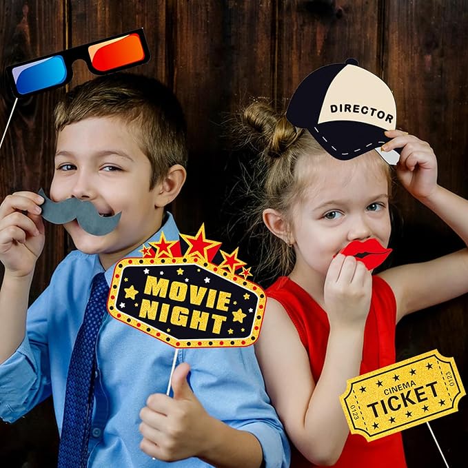 34pcs Hollywood Themed Movie Night Party Photo Booth Props, Hollywood Selfie Frame with Party Photo Props, Red Carpet Cutouts Cards Table Toppers Theme Decor Movie Night Party Supplies