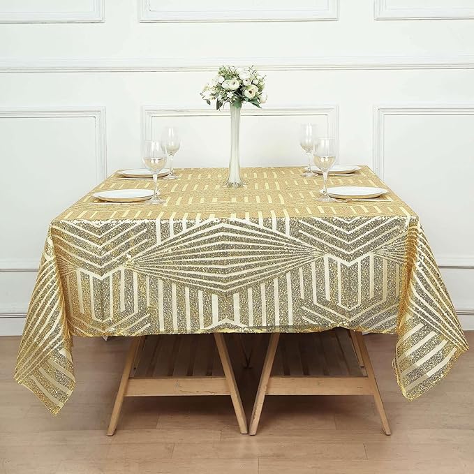 Efavormart 72" Gold Sparkly Sequin Geometric Tulle Square Table Overlay