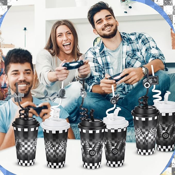 Yungyan 16 Sets Checkered Flag Party Favors Goodie Cups with Lids and Straws for Birthday Decorations Reusable 16oz Plastic Candy Cups Plastic Straws for Birthday Party (Checkered Flag)