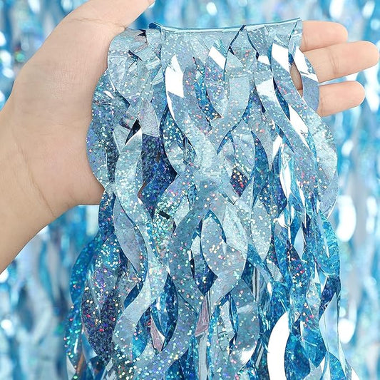 4 Pack Light Blue Party Foil Curtain - CYLMFC 3.3 ft x 6.6 ft Wavy Photo Booth Backdrop Metallic Tinsel Foil Fringe Curtains Environmental Background for Birthday Wedding Party Christmas Decorations