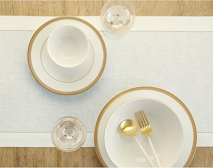 Solino Home Linen Ivory Table Runner 132 Inches Long - 100% Pure Linen Extra Long Table Runner 14 x 132 Inch for Fall, Autumn, Thanksgiving, Christmas - Classic Hemstitch