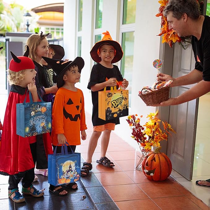 AhfuLife 8 Pcs Halloween Trick or Treat Bags, Candy Tote Bags with Handles, Reusable Non-Woven Gift Bag for Halloween Party Supplies Favors (7.8×7.8×3.1’’)