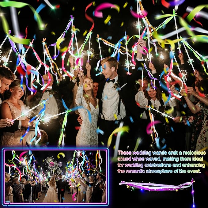 100 PCS Light Up Wands for Wedding, Wedding Favors with 3 Colorful Flashing Modes, LED Silk Fairy Wands with Bells for Wedding, New Year, Raves, Concert, Birthday, Party Streamers