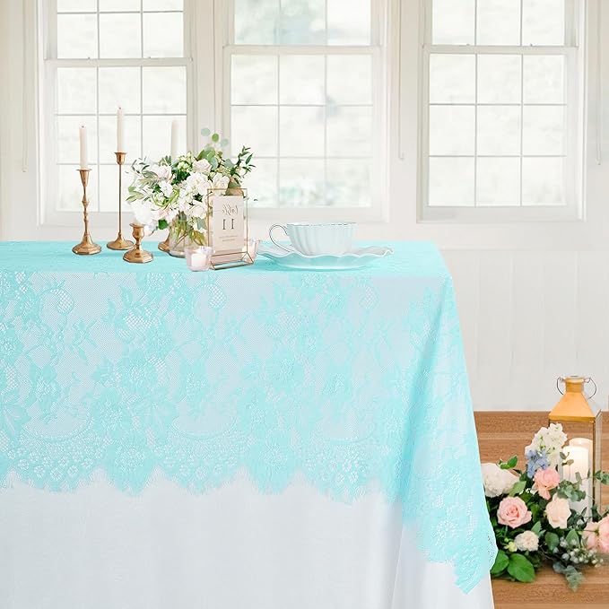 LuoluoHouse Blue Lace Tablecloth 6pcs Table Fabric 60x120 Inch for Rustic Boho Wedding Bridal Shower Party Decoration Rectangle Overlay Long Vintage Embroidered Reception Table Cloth Decor