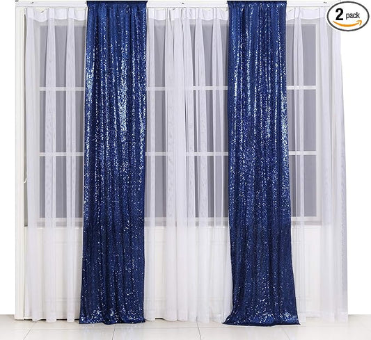 Poise3EHome 2ft x 8ft Blue Sequin Photography Backdrop Curtains 2 Panels for Party Decoration, Navy Blue