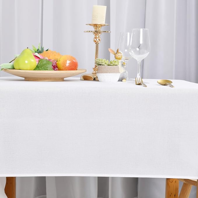 Hiasan Faux Linen Rectangle Tablecloth - Wrinkle and Stain Resistant Washable Table Cloth for Kitchen Dining Room Holiday Table Cover for Party Dinner, White, 54 x 80 Inch