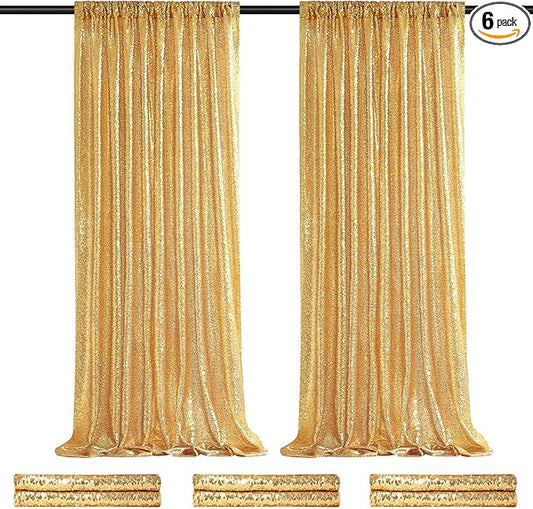 Gold Sequin Backdrop Curtain Drapes - Glitter Gold Curtains 6 Pieces 2ftx8ft Wedding Background Party Stage Birthday Decorations