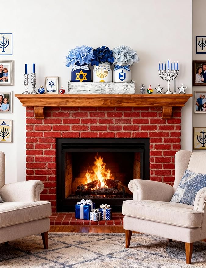 Hanukkah Decorations for Home, Chanukah Table Decor with Mason Jars, Hydrangea, Wood Tray, Hanukkah Gifts Table Centerpieces, 25 Pcs Chanukah Decorations Indoor for Living Room Bedroom