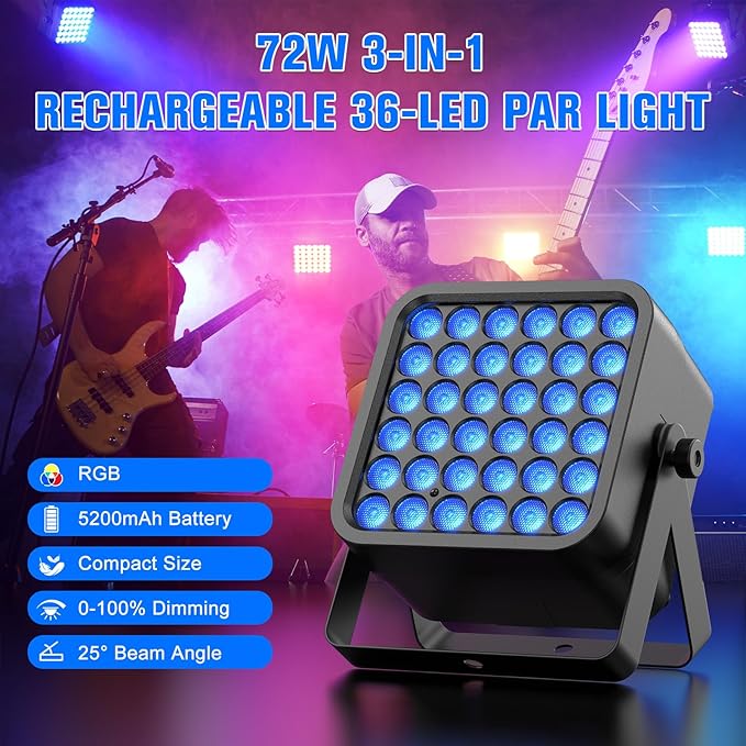 Rechargeable Par Can Lights, 72W RGB 5200mAh Uplights Battery Powered Stage Light, Wireless DJ Lights Sound Activated with Remote & DMX Control for Festivals, Weddings, Bars, Churches, DJ (6 Packs)
