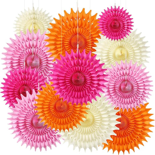 BestoFun 12PCS Paper Fans Hot Pink and Orange Party Decorations Tissue Paper Flowers Decorations for Girl Groovy Birthday Baby Shower Wedding Bachelorette Room Wall Hanging Décor