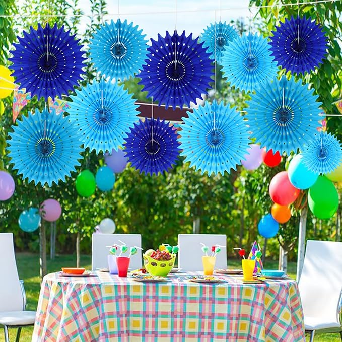 BestoFun 12PCS Paper Fans Blue Party Decorations Tissue Paper Flowers Decorations for Girl Groovy Birthday Baby Shower Wedding Bachelorette Room Wall Hanging Décor