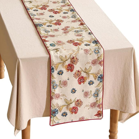 patdrea Designer Farmhouse Linen Thick Table Runner, Rustic Cottage Beige with Floral Pattern Fabric Table Mat, Decoration for Kitchen Dining Coffee Table Banquet Christmas , 12"*102"