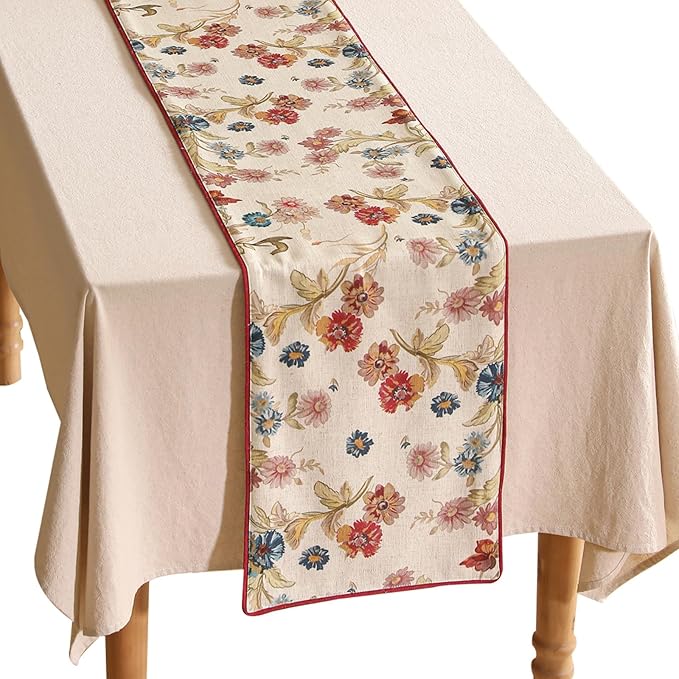 patdrea Designer Farmhouse Linen Extra Long Table Runner, Rustic Cottage Beige with Floral Pattern Fabric Table Mat, Decoration for Kitchen Dining Coffee Table Banquet Christmas , 12"*118"