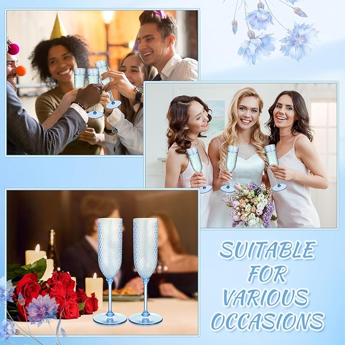 Remerry 48 Pack Detachable Plastic Champagne Flutes 5.5 oz Champagne Glasses Bulk Disposable Mimosa Glasses Reusable Wine Cups for Wedding Toasting Baby Shower Birthday Party New Years (Blue)
