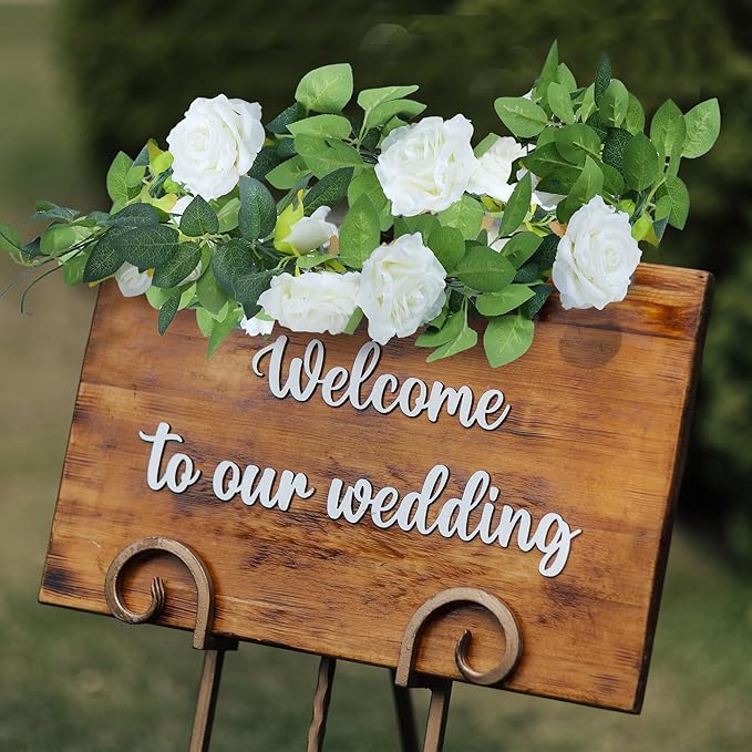 Sggvecsy 4Pcs 31Ft Artificial Rose Vine Fake Flower Garland Floral Garland Faux Silk Hanging Vine Rose Ivy Vines for Wedding Arch Party Wall Garden Ceremony Background Outdoor Decor (White)