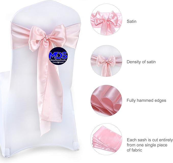 MDS Pack of 75 PCS Satin Chair Sashes Charmeuse Sateen Dining Chair Bows Ribbon Ties Back Sash for Wedding Party Birthday Home Hotel Restaurant Banquet Decoration (7 x 108 Inch, Blush Pink)