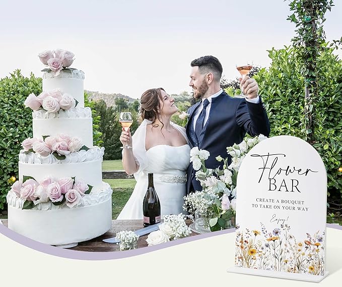Wedding Signs for Ceremony and Reception, Boho Floral Acrylic Flower Bar Sign, Wedding Signage with Stand, Bridal Shower Table Centerpieces, Flower Bar Supplies for Engagement Reception Events, 22