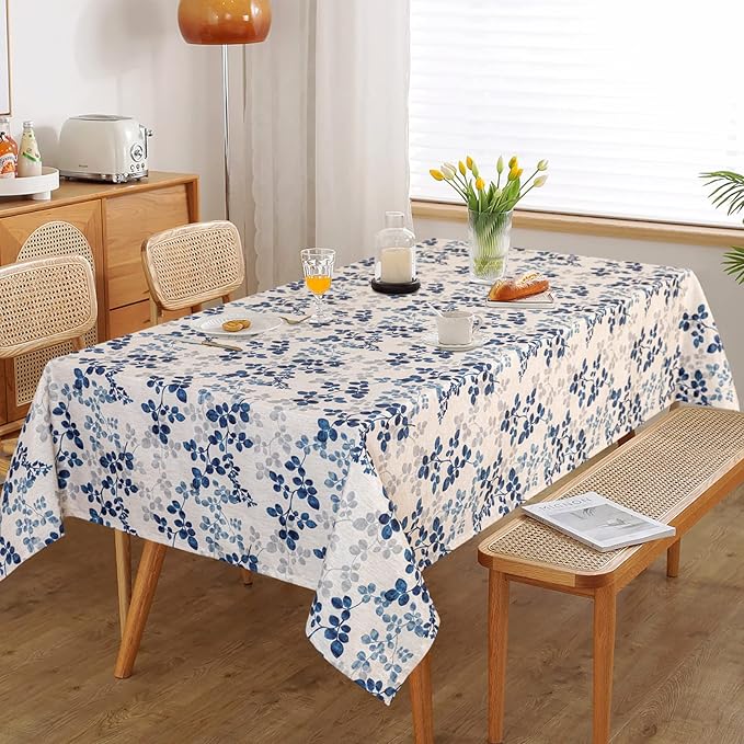 MYSKY HOME Floral Print Rectangle Tablecloth Waterproof Rectangular Table Cloth Linen Farmhouse Tablecloths for Kitchen Dining Spring Leaves Tablecloth for 4 Feet Table，60 x 84 Inches, Blue
