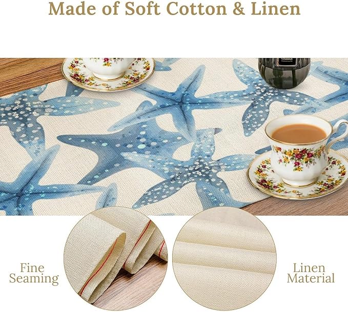 Starfish Plaid Table Flag Green Plaid and Marine Life Starfish Kitchen Table Flag Suitable for Birthday Party Restaurant Decoration Outdoor Picnic 13 * 90 Inch