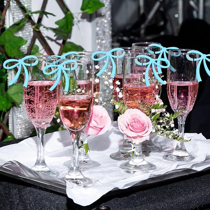 50 Pcs Bows Drink Tags Coquette Bow Wine Glass Charms Acrylic Bowknot Drink Tag for Bachelorette Birthday Wedding Coquette Tasting Party Decor Accessory(Blue)