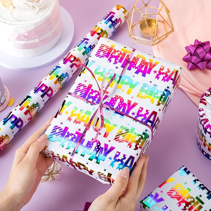Yarcony Birthday Wrapping Paper Roll, Mini Roll Gift Wrapping Paper, Colorful Foil Girl Happy Birthday Gift Wrap Rainbow Present Paper for Boys Girls, Holiday,Party,Baby Shower(17 Inch X 16.5 Feet)