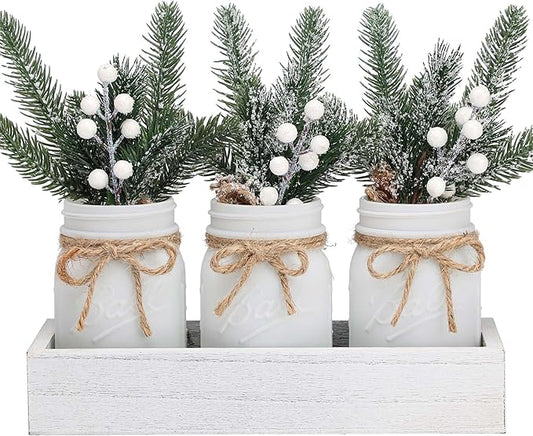 Mason Jars by Winter White, White Centerpieces & Wood Tray, 3 Decorative Jars for Home Table Decor, Farmhouse Dining Table & Kitchen Decorations