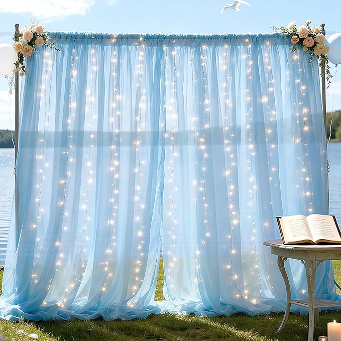 10×8ft Tulle Backdrop Curtains with Lights String - 300LED Fairy Lights Sheer Curtain Backdrop for Weddings Baby Shower and Birthday Party Decorations(4 Panels 5×8ft)