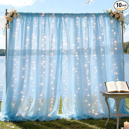 Ledido 10×10ft Tulle Backdrop Curtains with Lights String - 300LED Fairy Lights Sheer Curtain Backdrop for Weddings Baby Shower and Birthday Party Decorations(2 Panels 5×10ft)