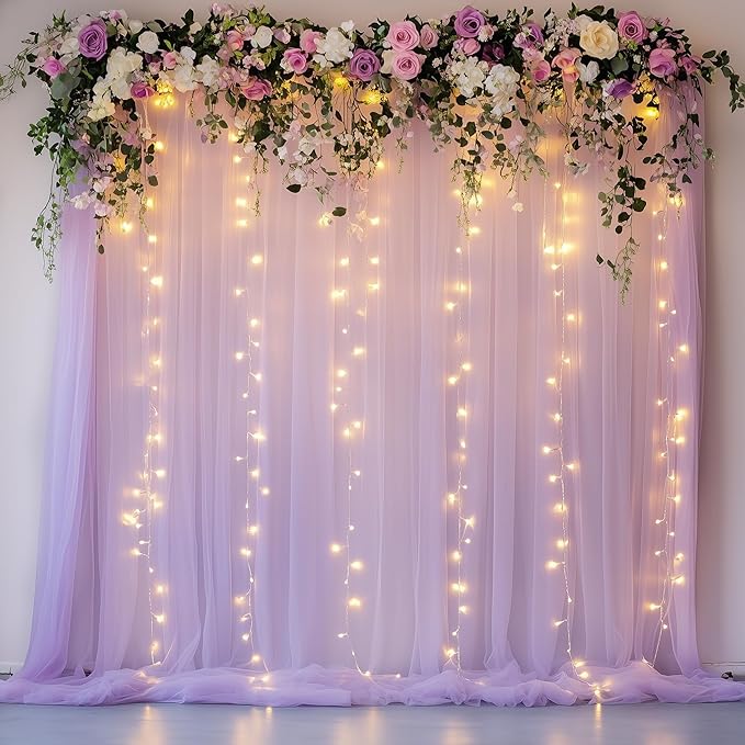 Fomcet Lavender Tulle Backdrop Curtains with Lights String 10FT X 8FT Sheer Curtain with Lights Tulle Curtains Backdrop for Wedding Birthday Party Photo Shoot (2 Panels 5x8FT)