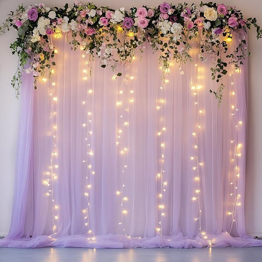 Fomcet Lavender Tulle Backdrop Curtains with Lights String 10FT X 8FT Sheer Curtain with Lights Tulle Curtains Backdrop for Wedding Birthday Party Photo Shoot (2 Panels 5x8FT)