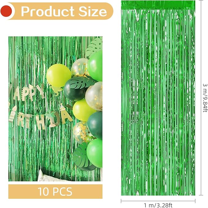 10 Pack Green Foil Curtain Backdrop 3.2ft x 9.8ft Metallic Tinsel Foil Fringe Curtains Streamer Photo Booth Backdrop for Birthday Party Engagement Bachelorette Party Decorations (Green)