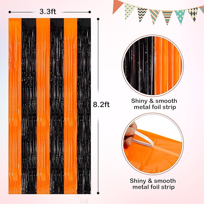 Orange Black Tinsel Foil Fringe Curtains, 2 Pack 3.3x8.3 Feet Party Streamer for Birthday Party Decorations, Halloween Decor, Foil Curtain Backdrop for Bachelorette Party