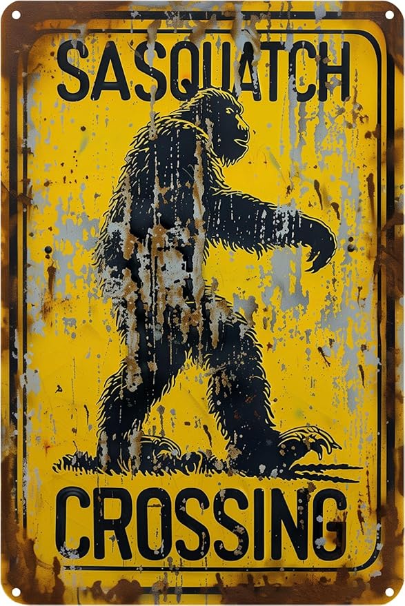 Retro Funny Metal Tin Sign - "Sasquatch Crossing" Outdoor Wall Décor, Vintage Sign for Home, Garden, Garage, or Cabin Decoration, 8 x 12 Inches