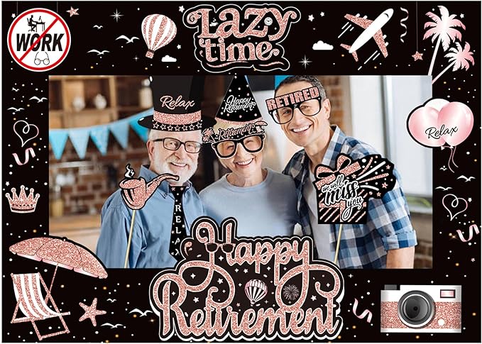 Retirement Party Photo Booth Props Kit - 27pcs Paper Photo Props 1 Frame Glitter Retirement Party Decorations for Retiree Celebration, Farewell Office Party Supplies (Rose Golden and Black)