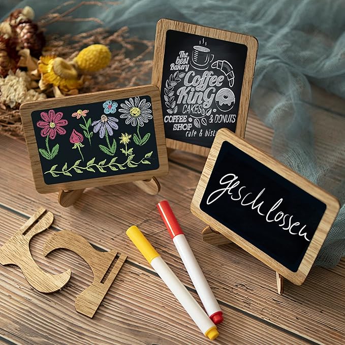 Temlum 15 Pcs Mini Chalkboard Sign with 6 Color Chalk Markers, 2.9″ x 3.9″ Wooden Blackboard Reusable Small Chalkboards for Food, Buffet, Message Board, Table Number (Rustic Brown)