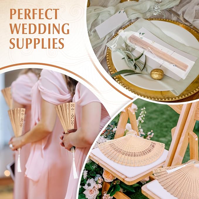 Qunclay 60Pcs Wooden Hand Fans Folding Wedding Fans for Guest Chinese Hollow Pattern with White Tassel and Gift Bag for Wedding Bridal Shower Birthday Party Favors Gift and Home Decor(Mixed Style)