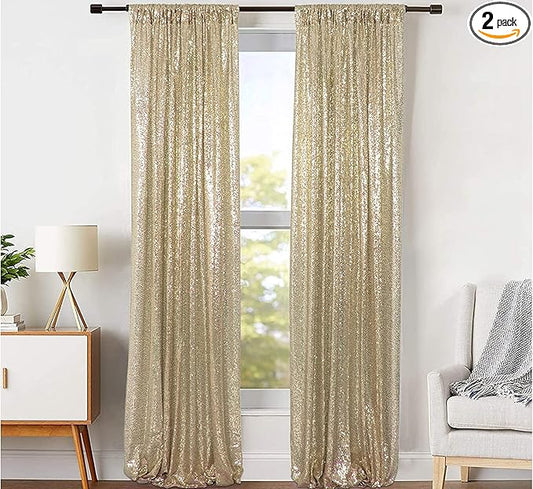 JYFLZQ Champagne Sequin Backdrop Curtains 2ft x 8ft 2 Panel Glitter Photo Booth Backdrops Sparkly Photography Background Drapes for Parties Wedding Bridal Showers