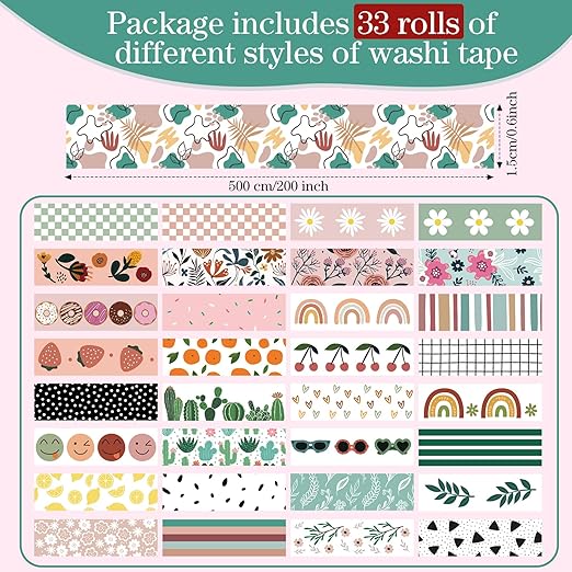 TaoBary 33 Rolls Holiday Plaid Washi Tape, 15 mm Seasonal Washi Tape Set Bohemian Colorful Vintage Cute for Card Wrapping Craft(Bohemia Style)