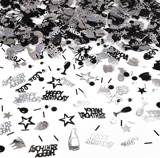 Silver and Black Happy Birthday Confetti, 3000 Pcs Birthday Cake Table Metallic Foil Confetti Party Table Decor for Party, Baby Shower, DIY Arts and Crafting