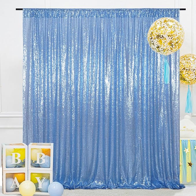 SquarePie Sequin Backdrop 8FT x 8FT Baby Blue Curtain Background for Wedding Party Decoration